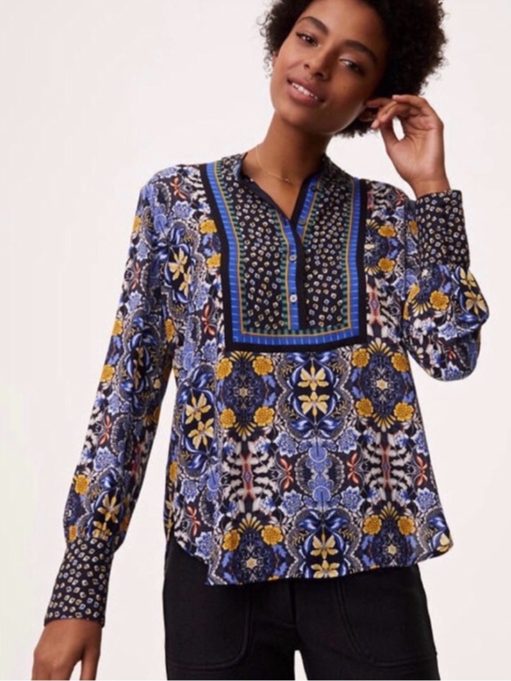 LOFT Blue & Yellow Floral Print Long-Sleeve Blouse